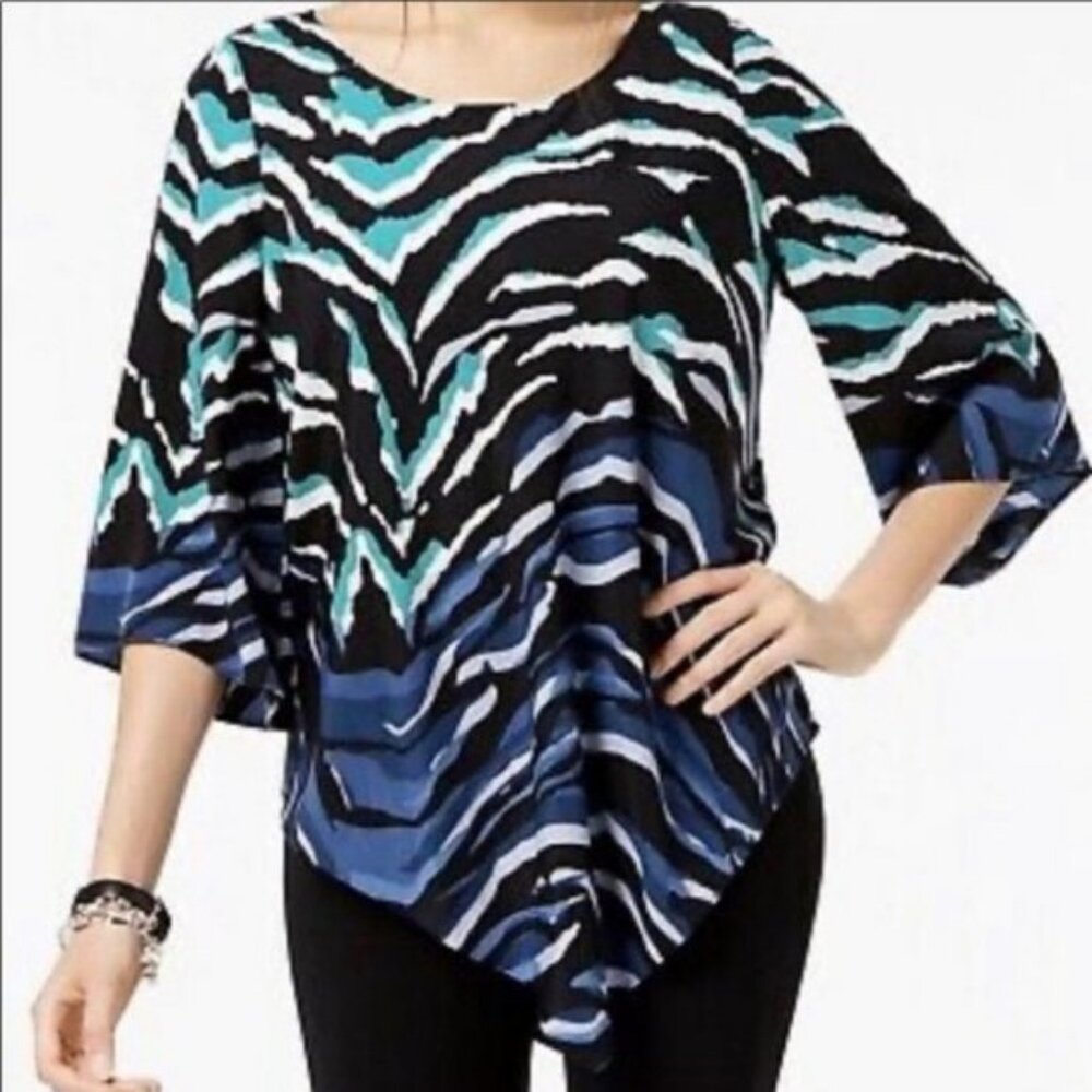 Alfani Indigo Palm Chic Zebra Print V-hem Pullover Blouse Sz. XL NWT